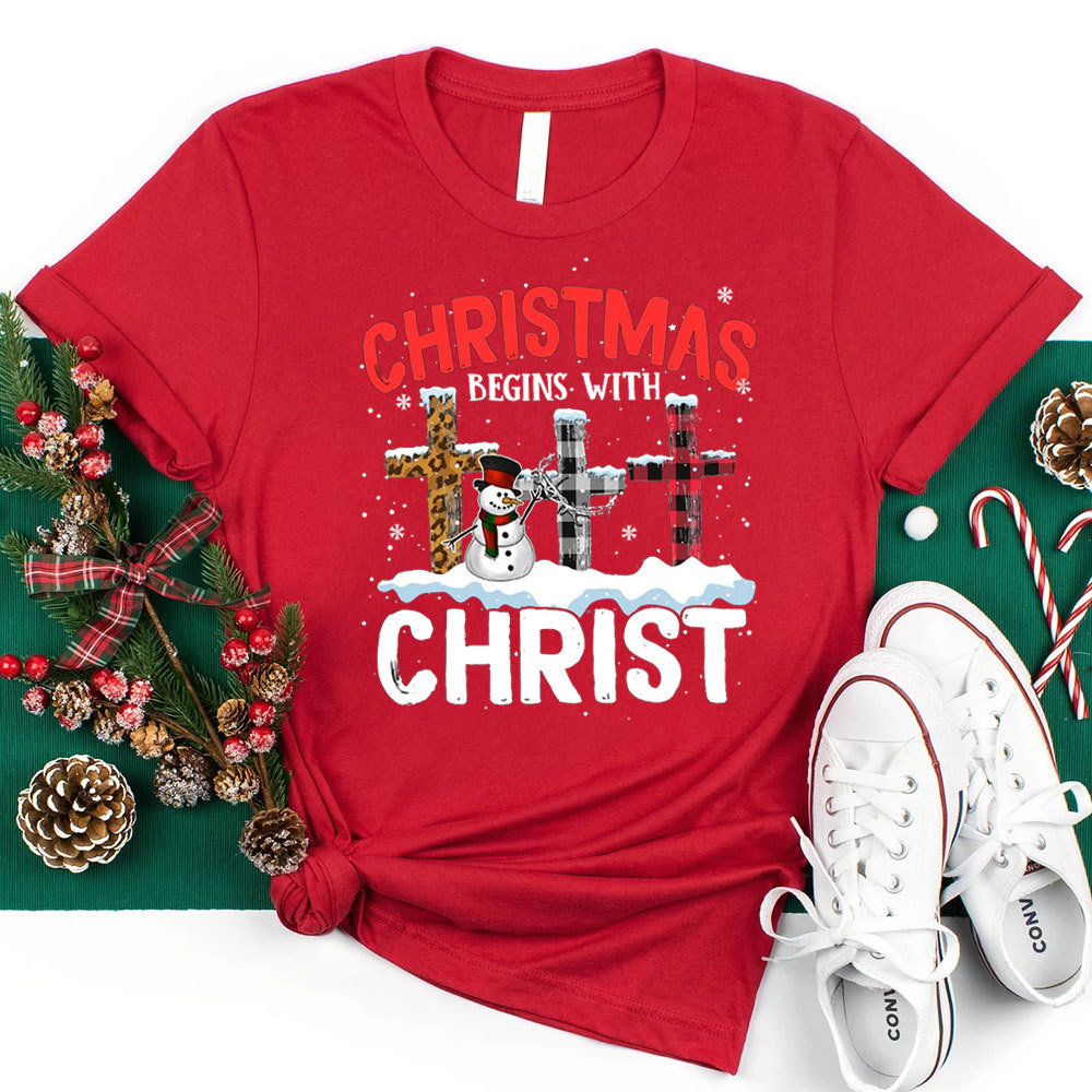 Christmas Begins with Christ Snowman Cross Shirt