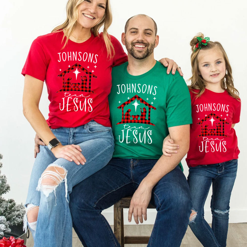 Personalized Buffalo Plaid Nativity Christmas Family Matching Christian T-Shirt