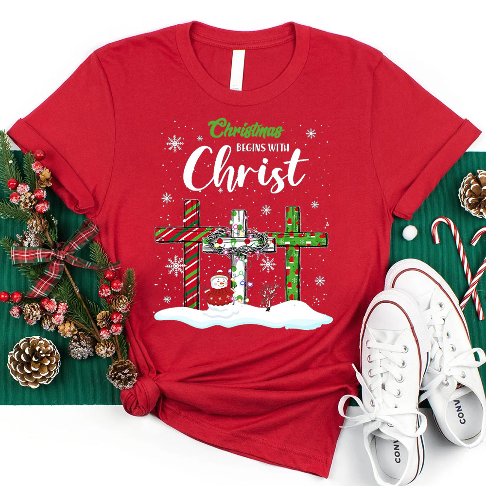 Christmas Begins with Christ Snowman Christian T-Shirt