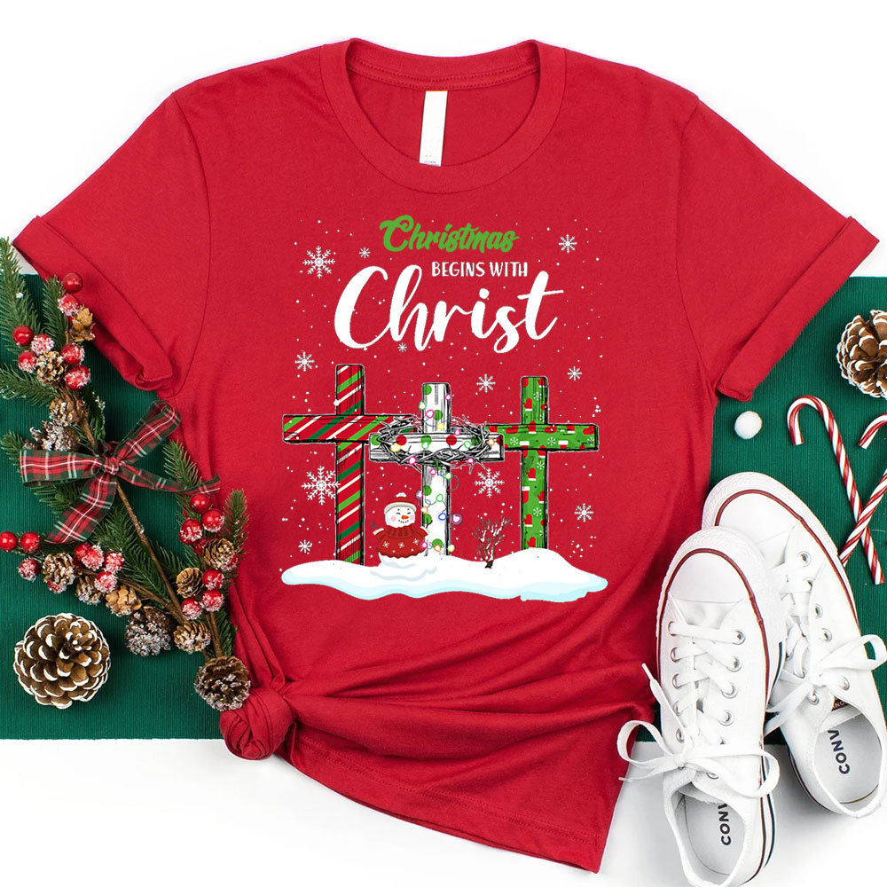 Christmas Begins with Christ Snowman Christian T-Shirt
