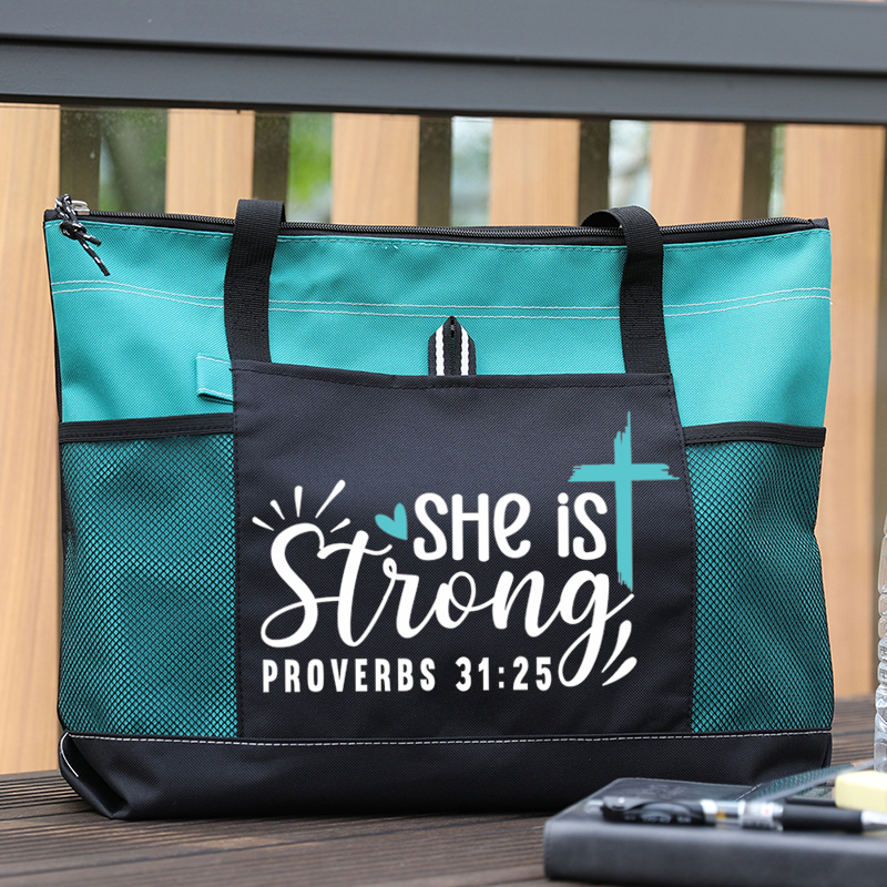 She Is Strong Proverbs 31:25 Tote Bag