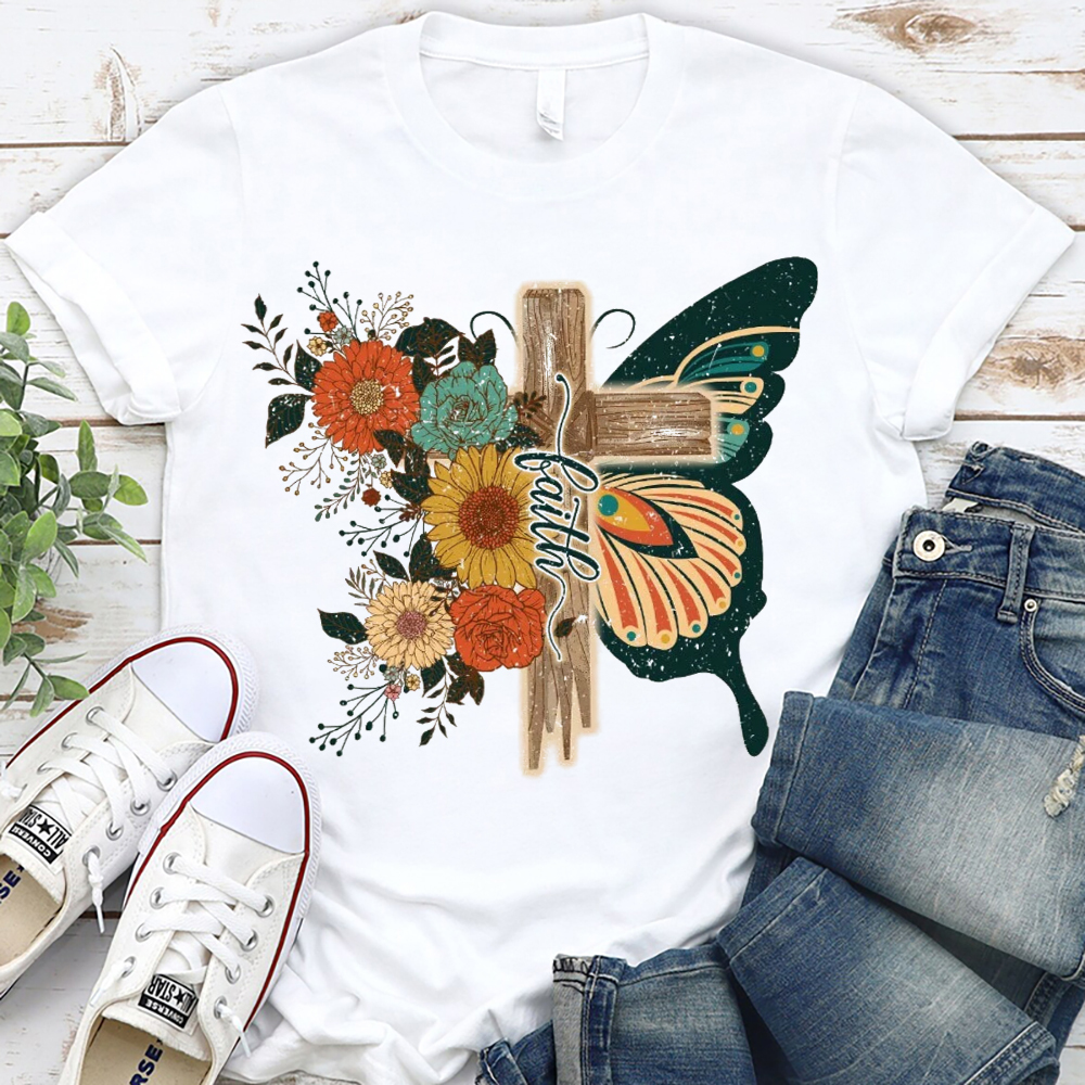 Retro Flower Butterfly Faith Cross Graphic Tee