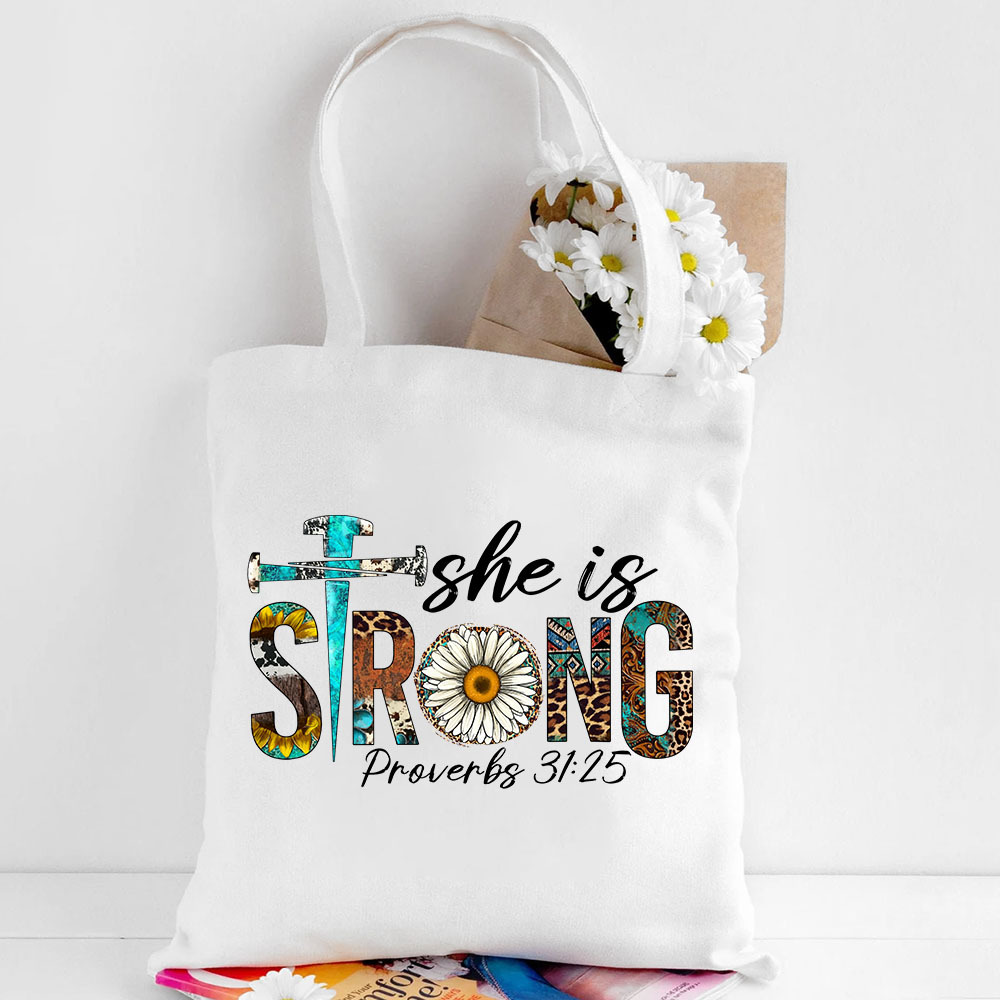 She Is Strong Leopard Daisy Design Canvas Tote Bag