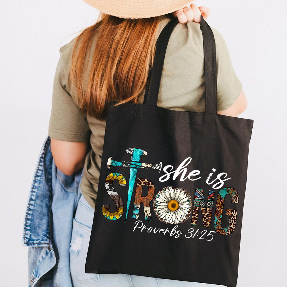 She Is Strong Leopard Daisy Design Canvas Tote Bag