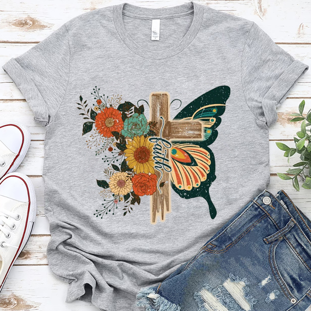 Retro Flower Butterfly Faith Cross Graphic Tee