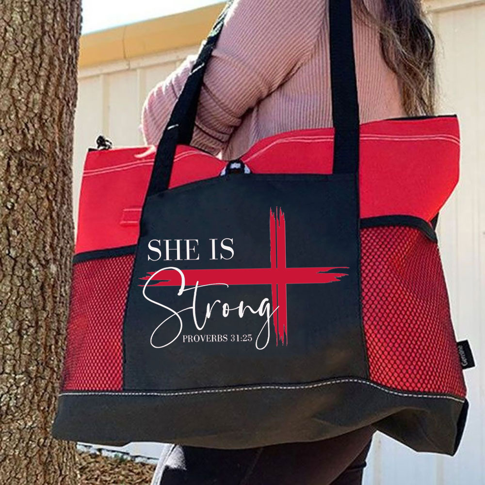 She is Strong Bible Verse Tote Bag