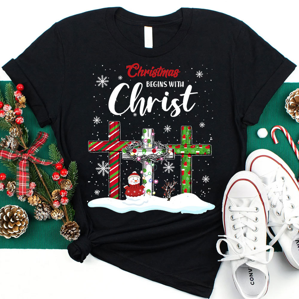 Christmas Begins with Christ Snowman Christian T-Shirt
