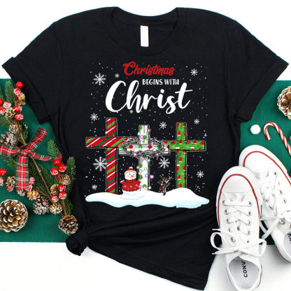 Christmas Begins with Christ Snowman Christian T-Shirt