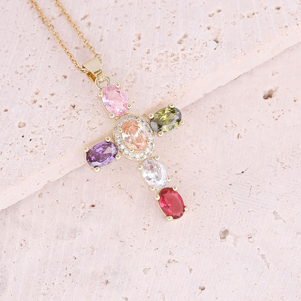 Colorful Zircon Cross Pendant Necklace for Women