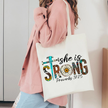She Is Strong Leopard Daisy Design Canvas Tote Bag