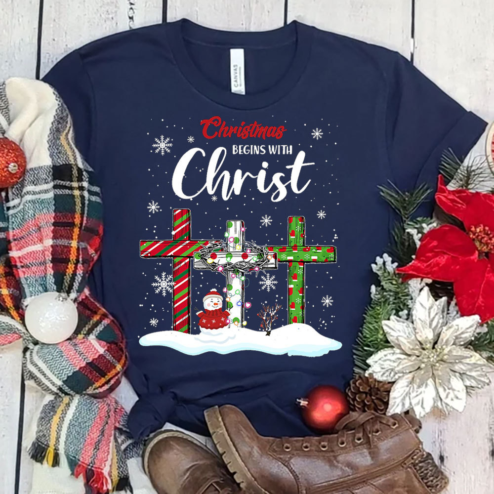 Christmas Begins with Christ Snowman Christian T-Shirt