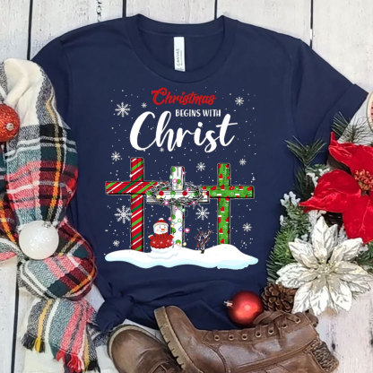 Christmas Begins with Christ Snowman Christian T-Shirt