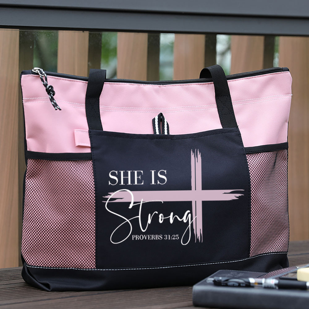 She is Strong Bible Verse Tote Bag