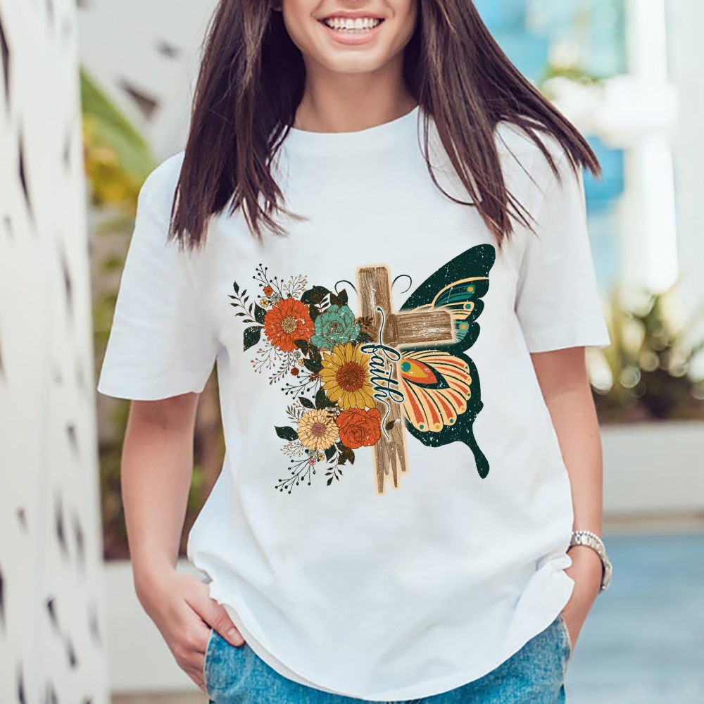 Retro Flower Butterfly Faith Cross Graphic Tee
