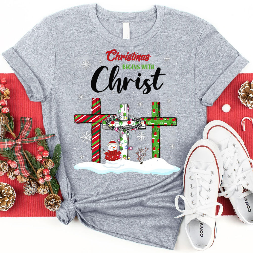 Christmas Begins with Christ Snowman Christian T-Shirt