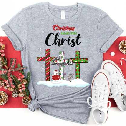 Christmas Begins with Christ Snowman Christian T-Shirt