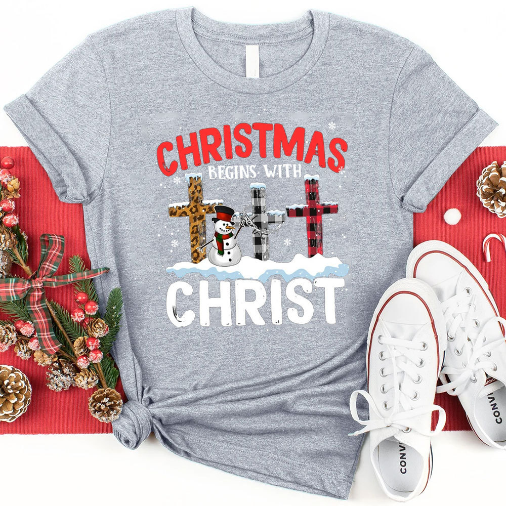 Christmas Begins with Christ Snowman Cross Shirt