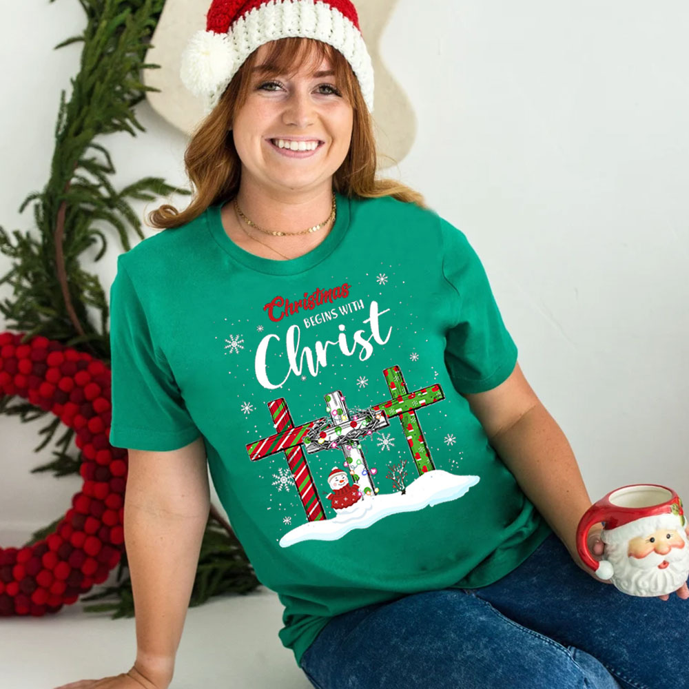 Christmas Begins with Christ Snowman Christian T-Shirt