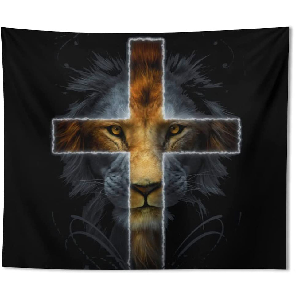 Black and Gold African Leo Lion King with Cross Tapestry