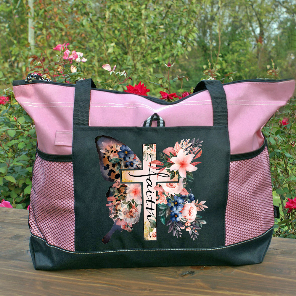 Butterfly Cross Faith Leopard Watercolor Flower Tote Bag