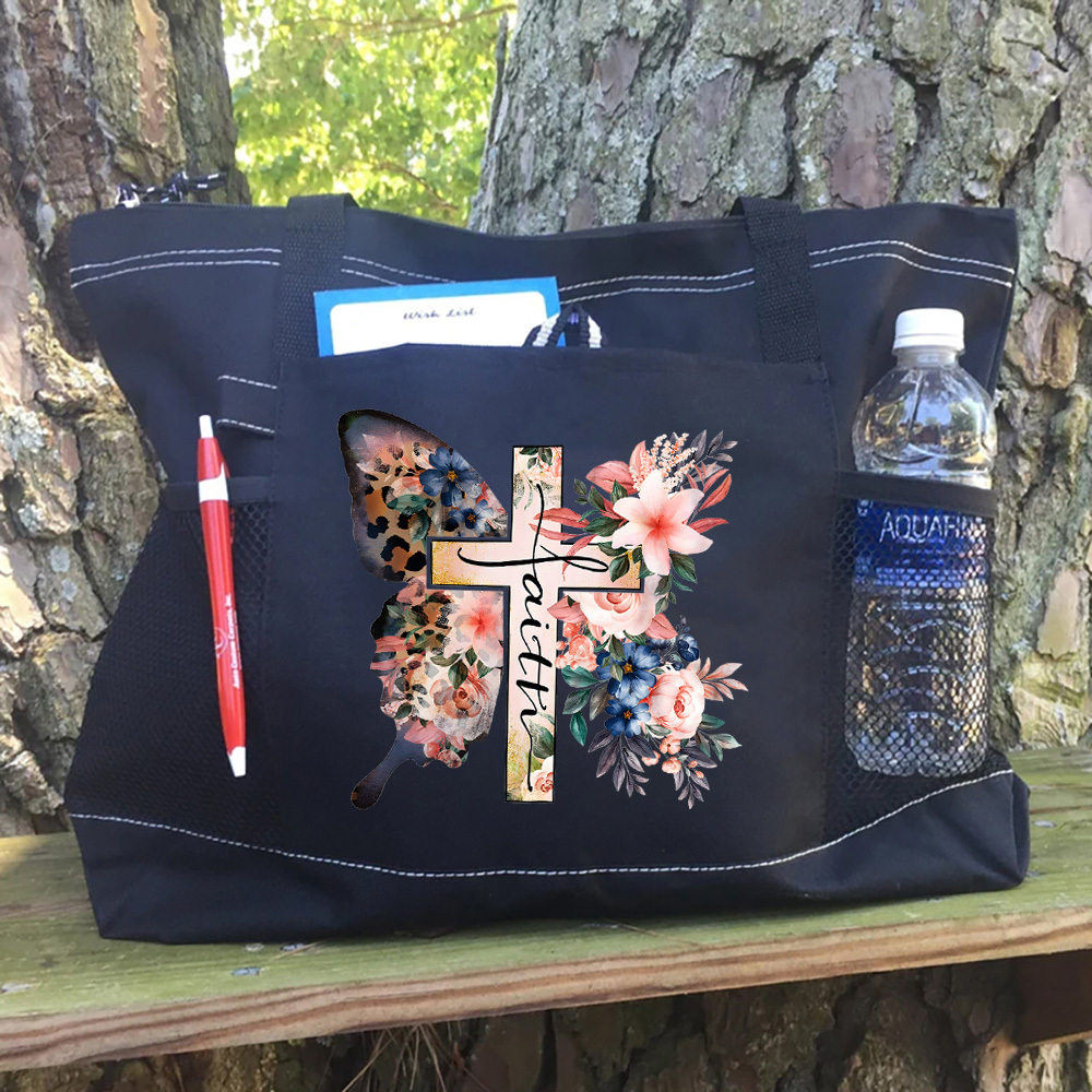 Butterfly Cross Faith Leopard Watercolor Flower Tote Bag