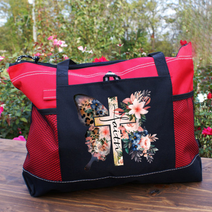 Butterfly Cross Faith Leopard Watercolor Flower Tote Bag