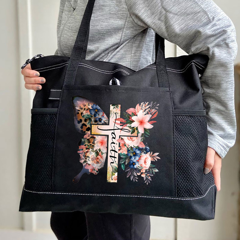 Butterfly Cross Faith Leopard Watercolor Flower Tote Bag