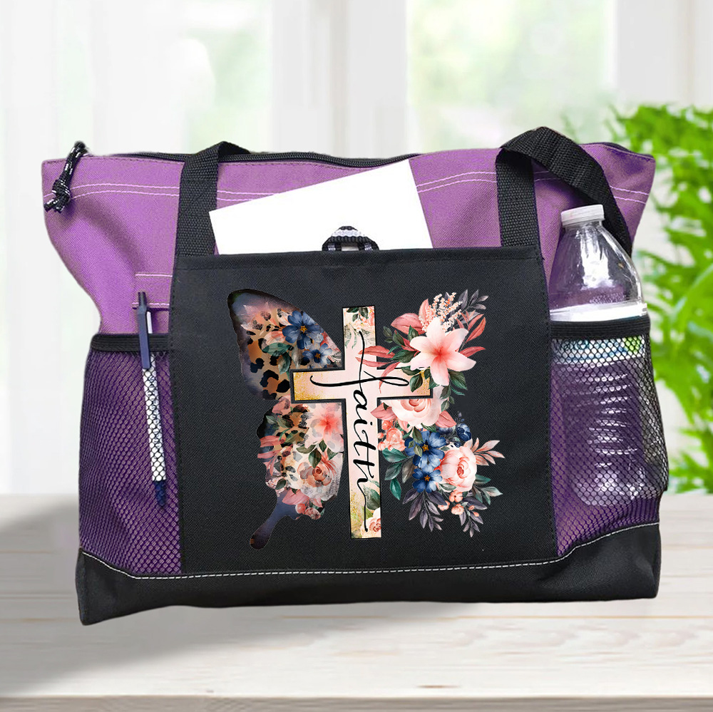 Butterfly Cross Faith Leopard Watercolor Flower Tote Bag