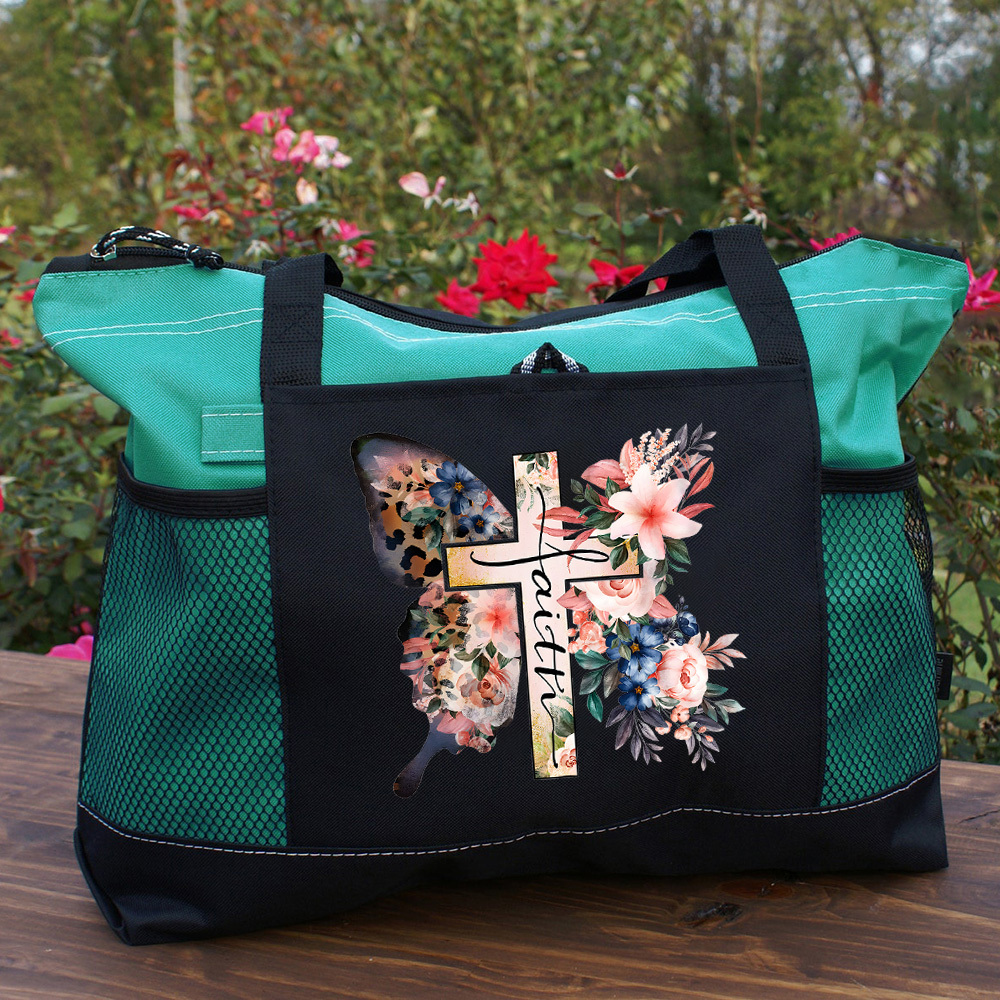 Butterfly Cross Faith Leopard Watercolor Flower Tote Bag