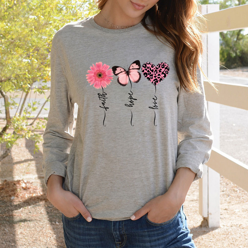 Faith Love Hope Flower Butterfly Heart Christian Long Sleeve Shirt