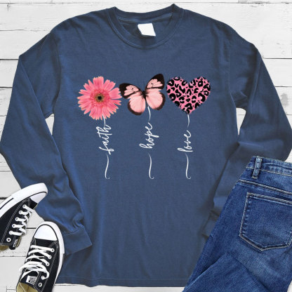 Faith Love Hope Flower Butterfly Heart Christian Long Sleeve Shirt