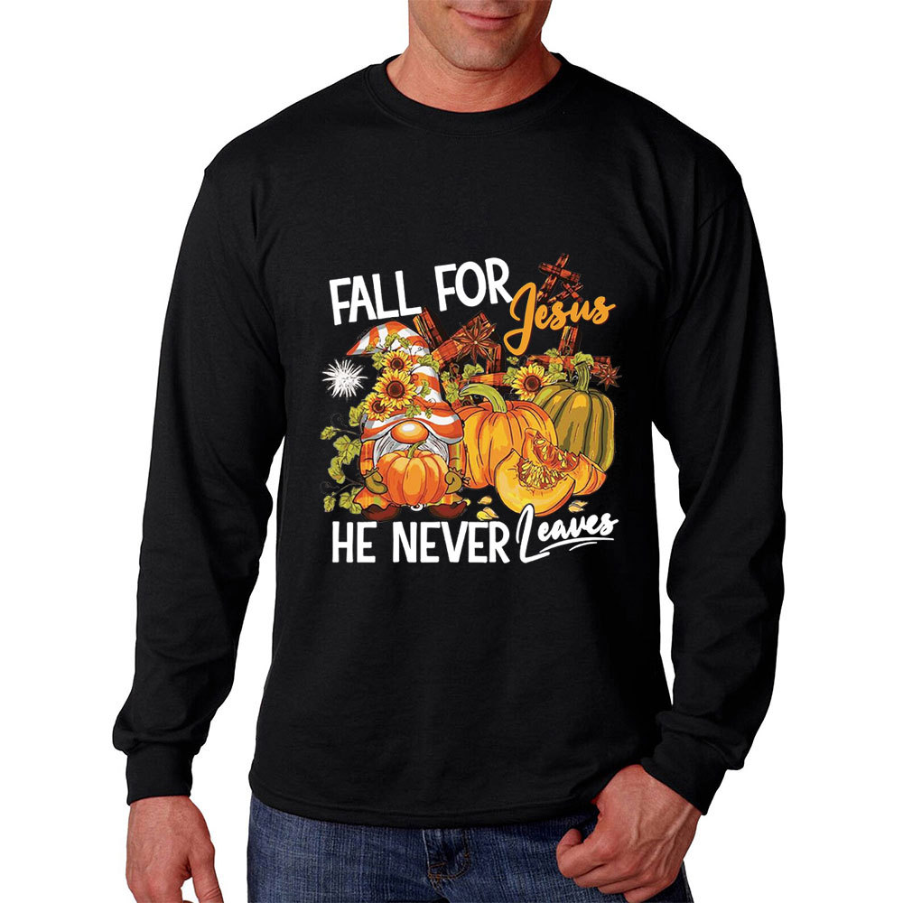 Fall For Jesus He Never Leaves Gnome Pumpkin Long Sleeve Shirt