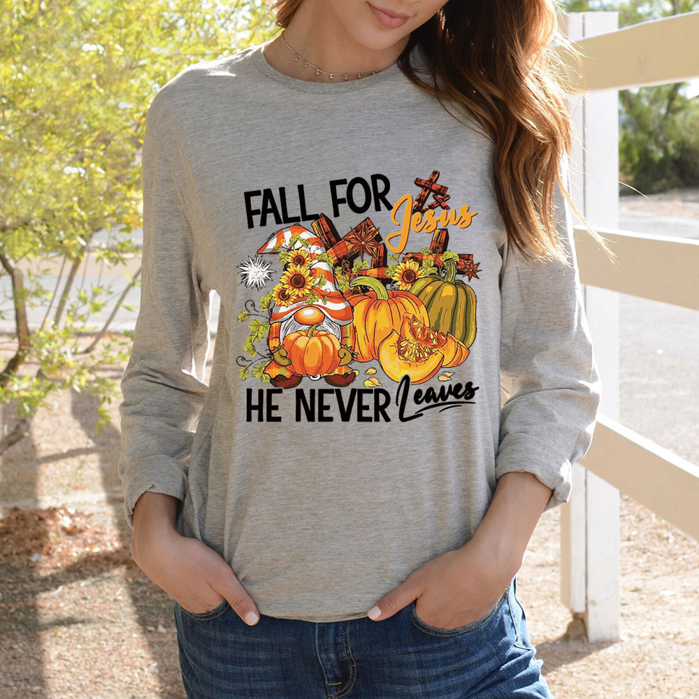 Fall For Jesus He Never Leaves Gnome Pumpkin Long Sleeve Shirt