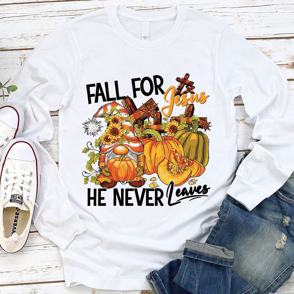 Fall For Jesus He Never Leaves Gnome Pumpkin Long Sleeve Shirt
