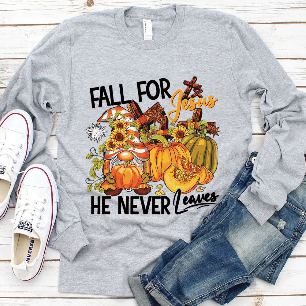 Fall For Jesus He Never Leaves Gnome Pumpkin Long Sleeve Shirt