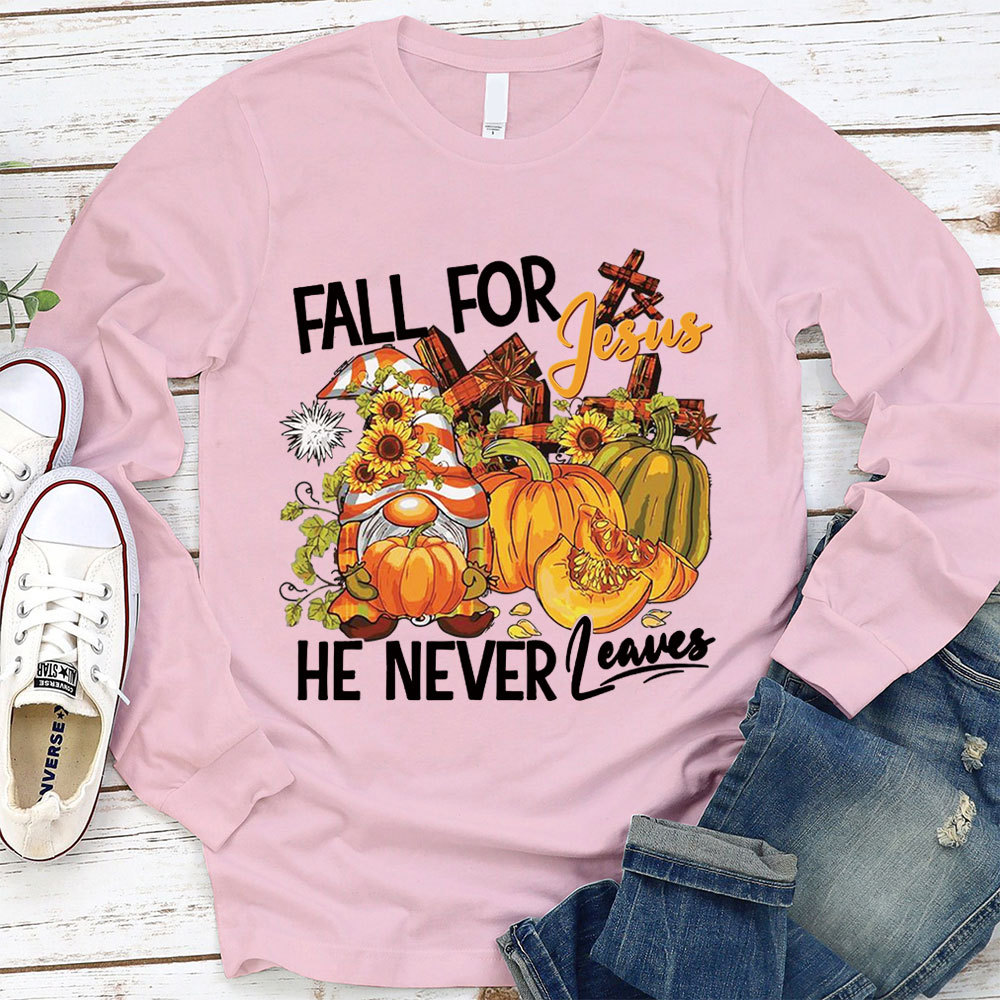 Fall For Jesus He Never Leaves Gnome Pumpkin Long Sleeve Shirt