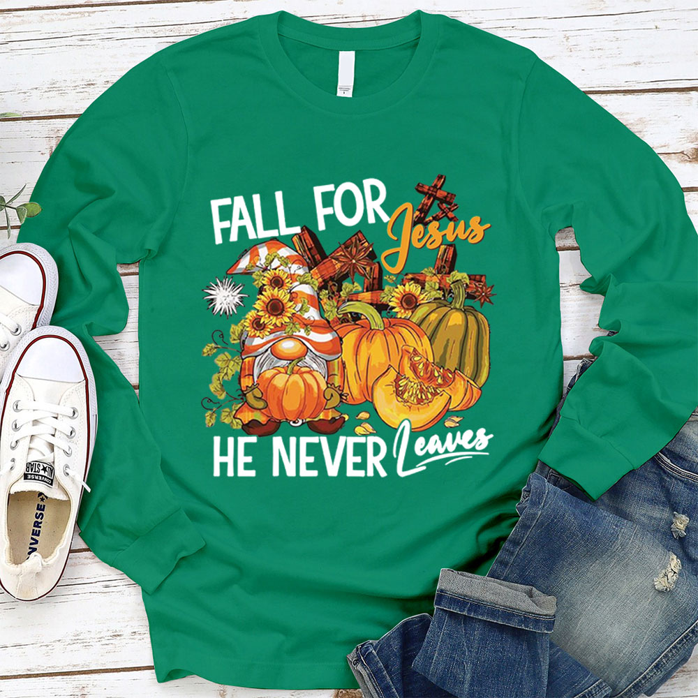 Fall For Jesus He Never Leaves Gnome Pumpkin Long Sleeve Shirt