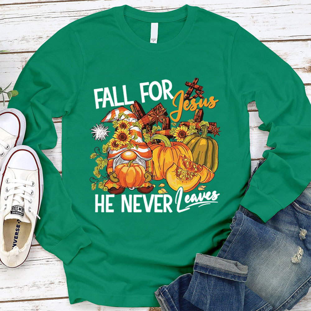 Fall For Jesus He Never Leaves Gnome Pumpkin Long Sleeve Shirt