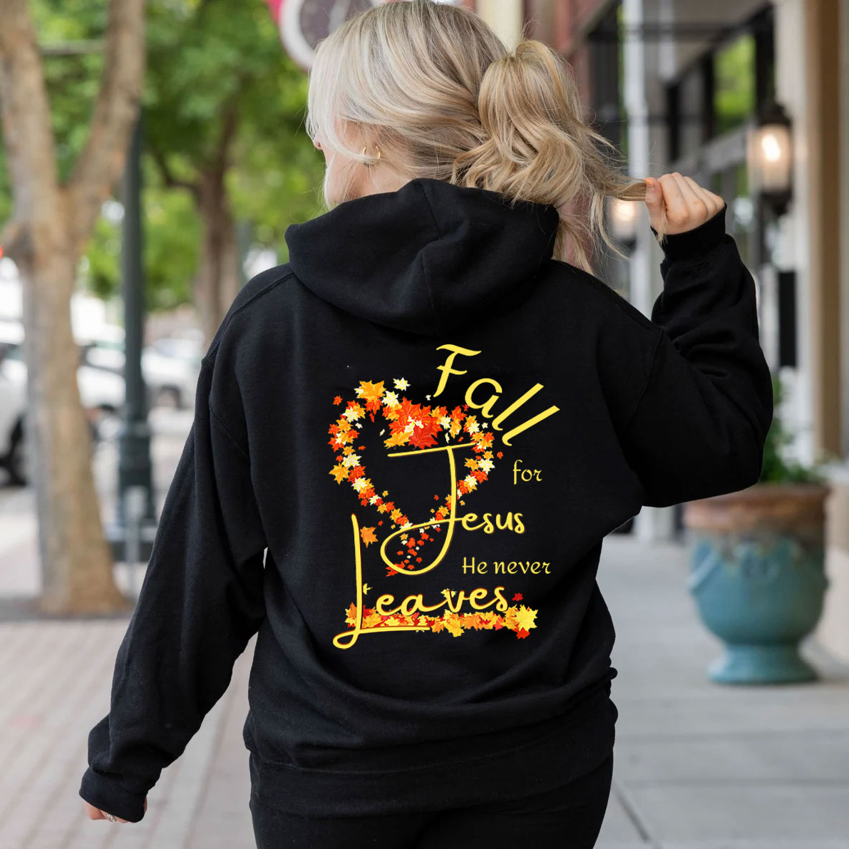 Fall For Jesus He Never Leaves Heart Hoodie