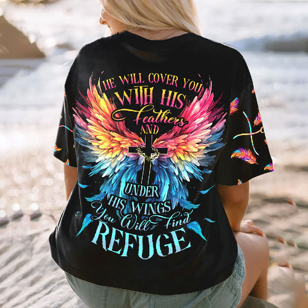 He Will Cover You With His Feathers All Over Print Christian T-Shirt