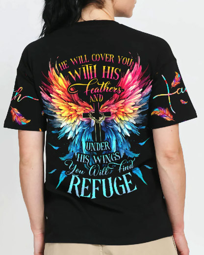 He Will Cover You With His Feathers All Over Print Christian T-Shirt