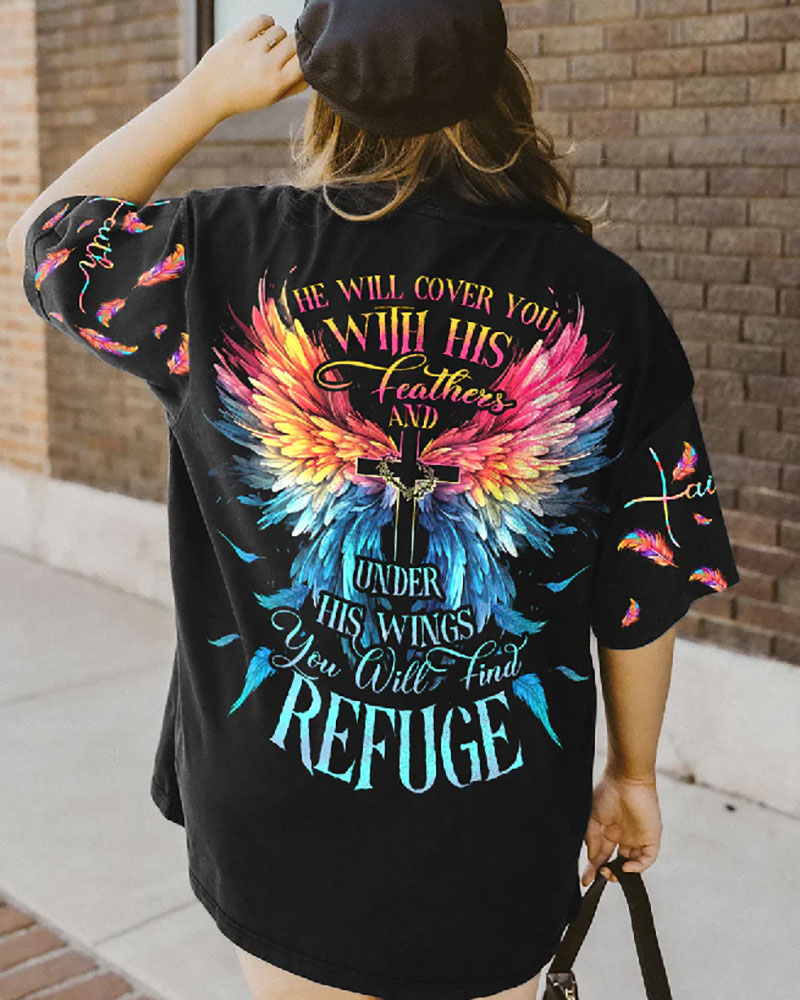 He Will Cover You With His Feathers All Over Print Christian T-Shirt