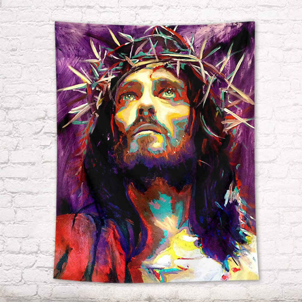 Watercolor Jesus Portrait Looking up and Praying Tapestry