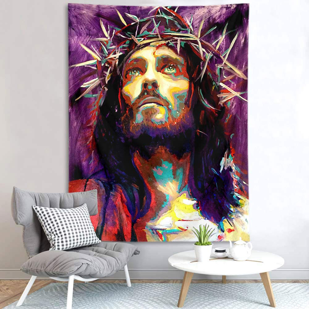 Watercolor Jesus Portrait Looking up and Praying Tapestry