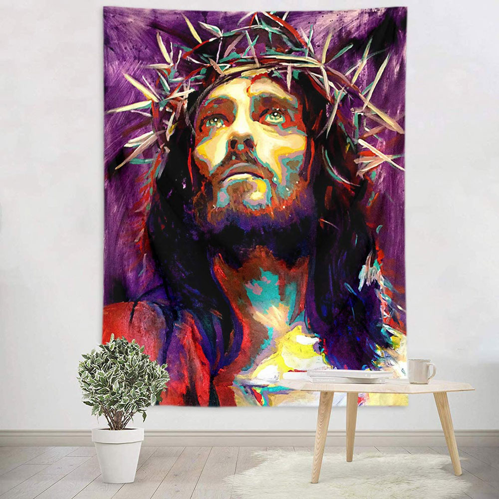 Watercolor Jesus Portrait Looking up and Praying Tapestry