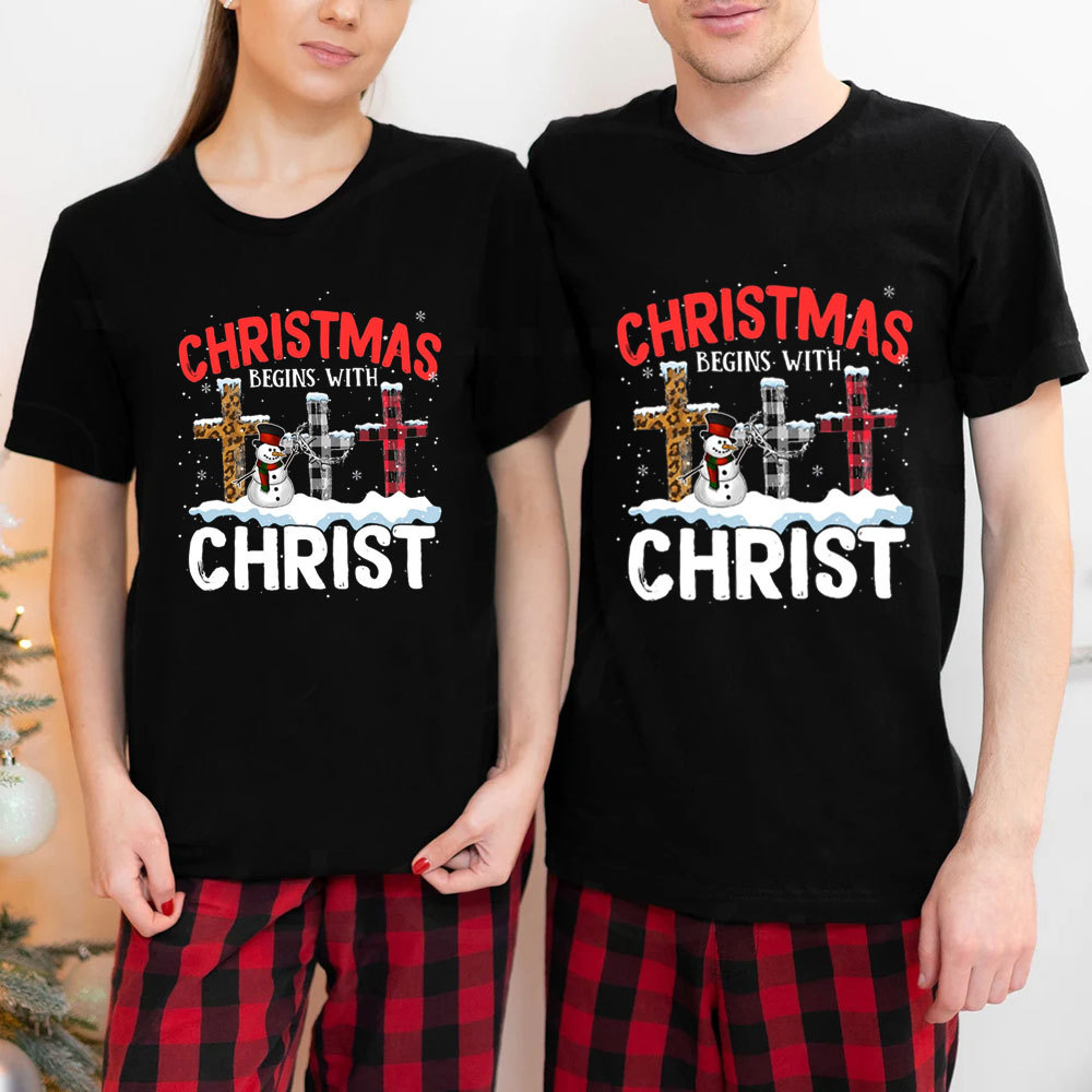 Christmas Begins with Christ Snowman Cross Shirt