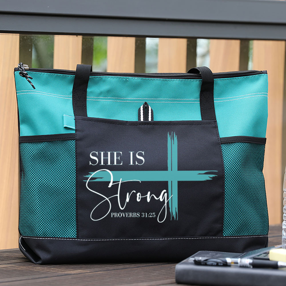 She is Strong Bible Verse Tote Bag