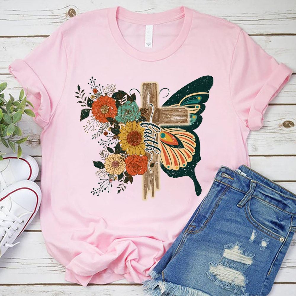 Retro Flower Butterfly Faith Cross Graphic Tee