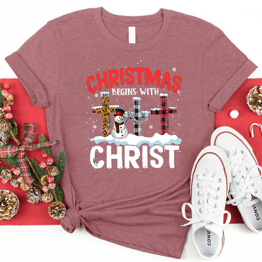 Christmas Begins with Christ Snowman Cross Shirt