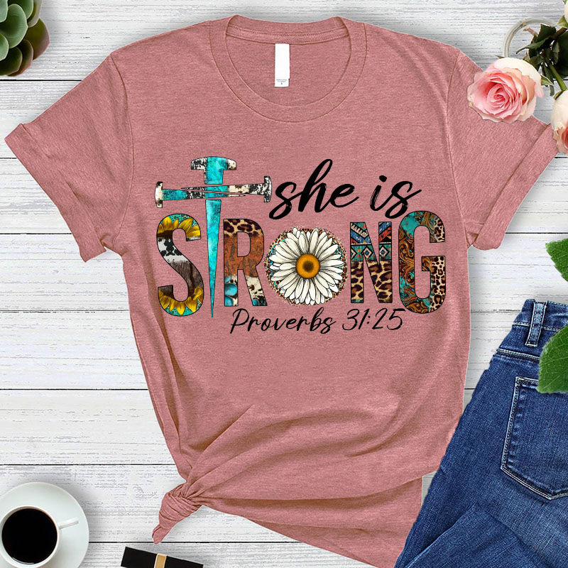 She Is Strong Leopard Daisy Design T-Shirt